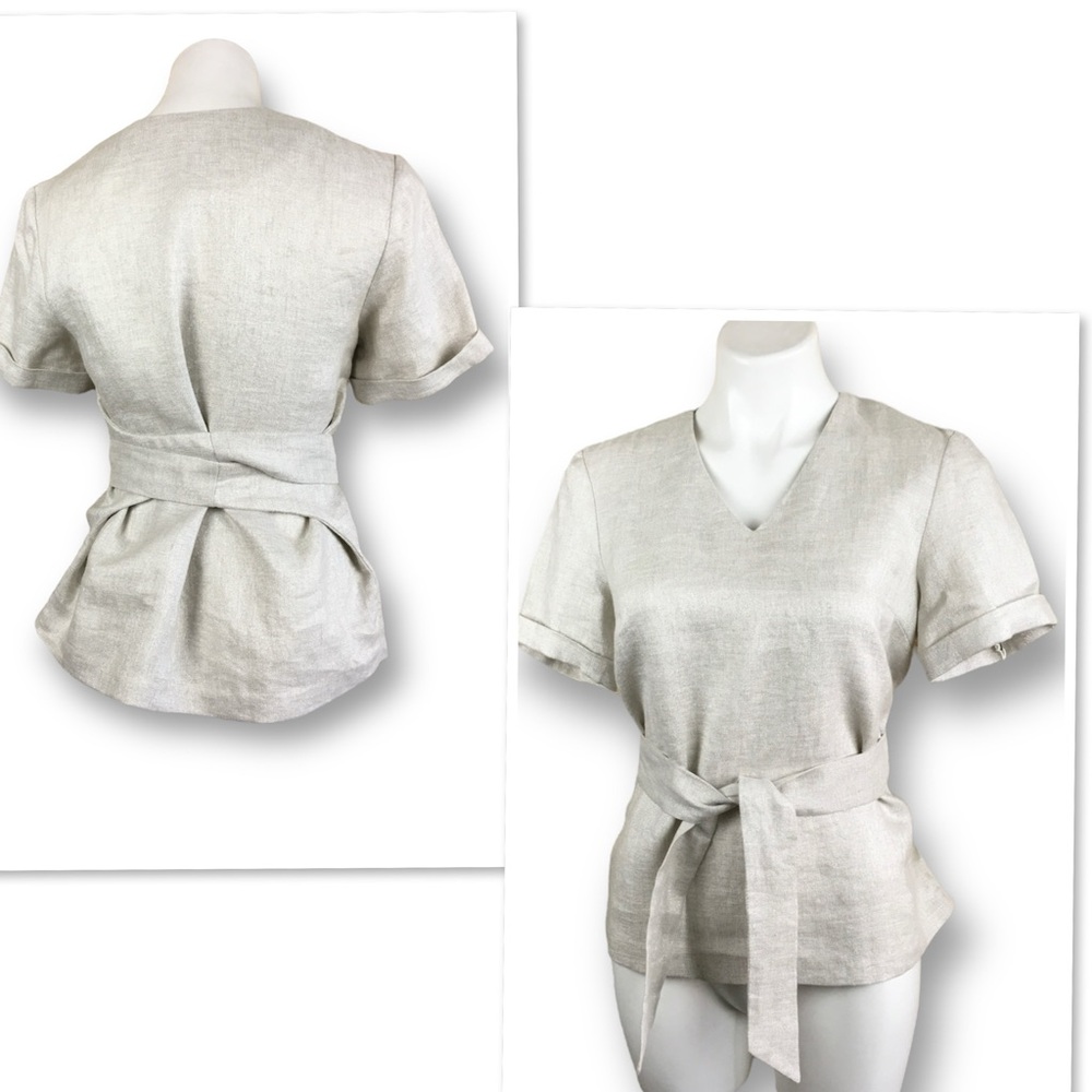 Kaelen NWT Metallic Linen Tie Front V Neck Top In Gray/Silver  (£250) Size XS